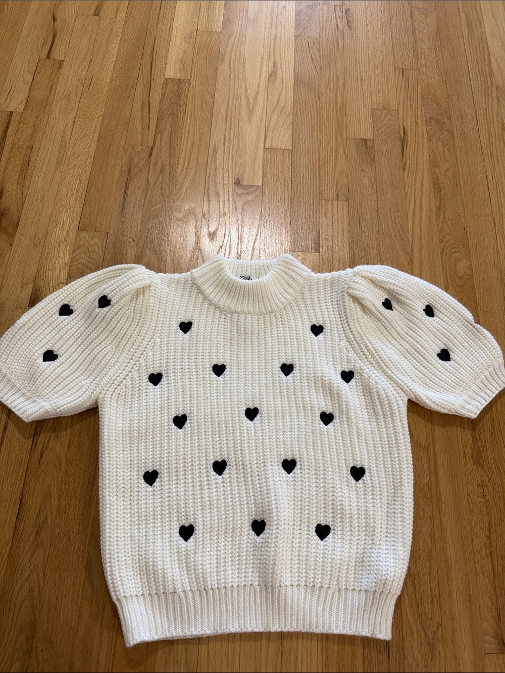 English Factory Puff Sleeve Heart Embroidered Crewneck Short Sleeve Sweater Sz L